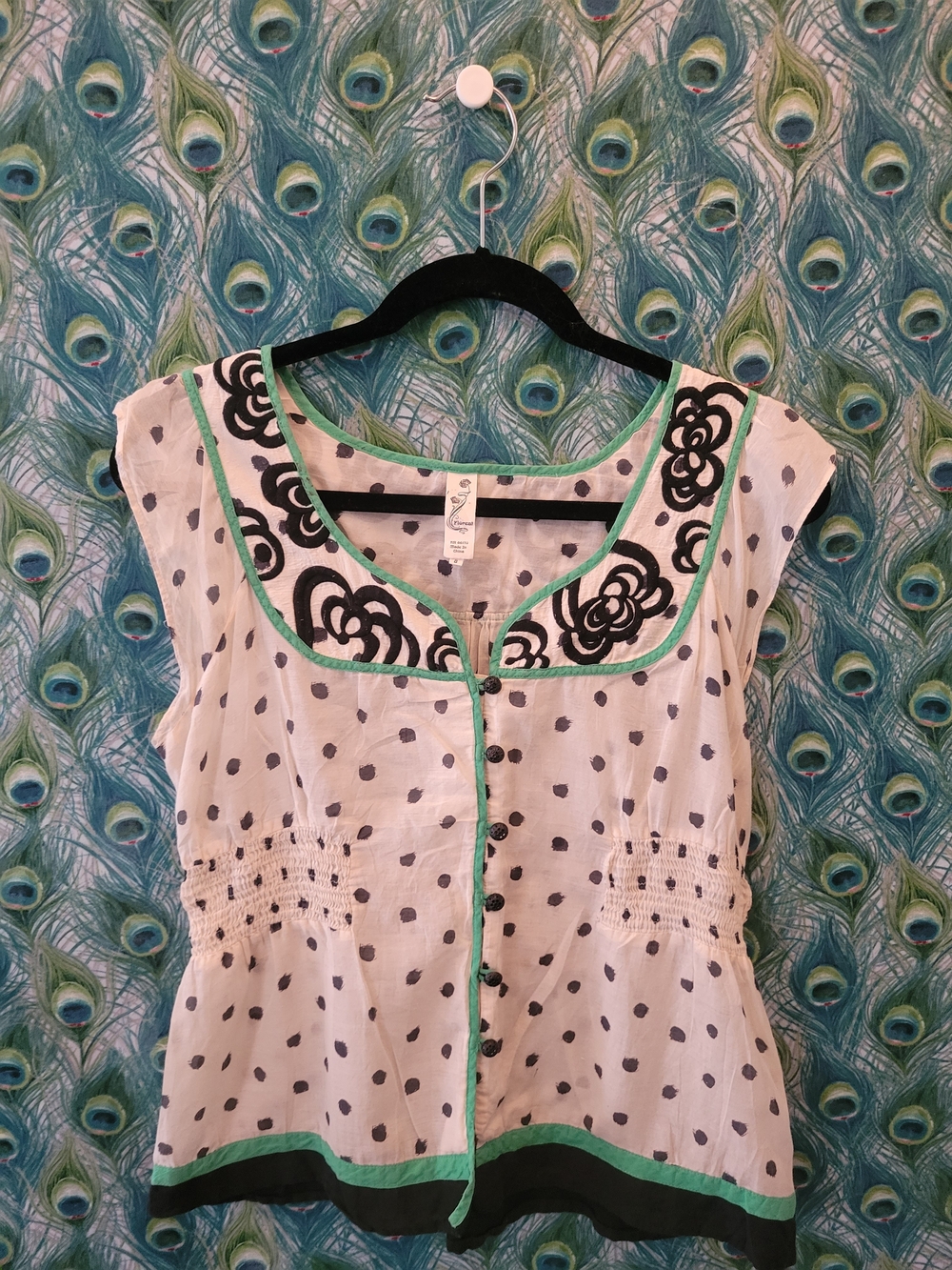 Floreat Cream Polka Dot Blouse with Black Floral Trim and Mint Piping